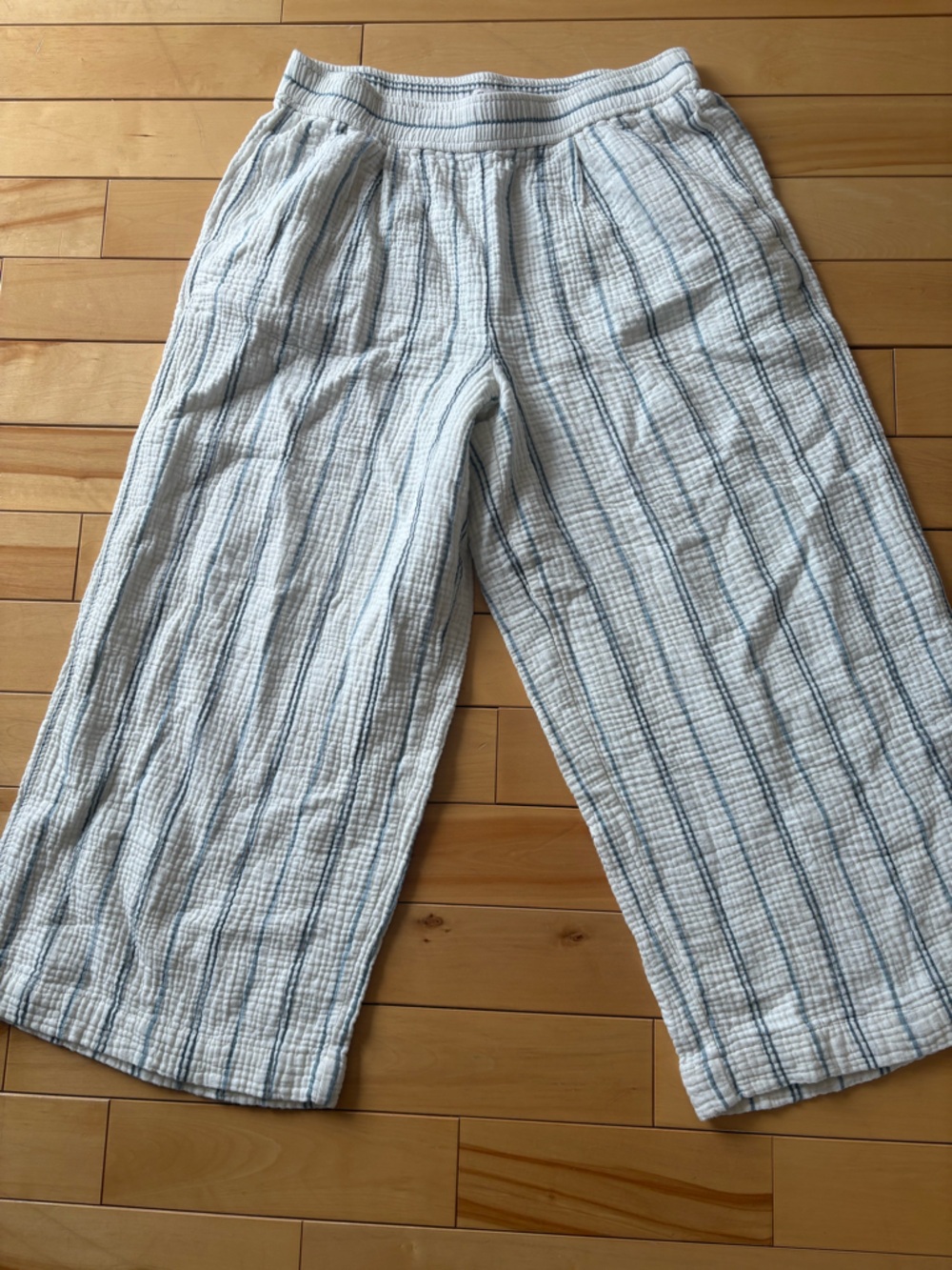 Madewell White Wide-Leg Pants with Blue Stripe
